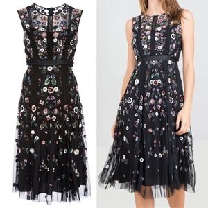 Needle & Thread Floral Ombre Dress 8 Black Sequin Beaded Embellished Midi